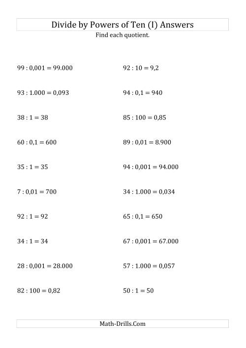The Dividing Whole Numbers by All Powers of Ten (Standard Form) (I) Math Worksheet Page 2