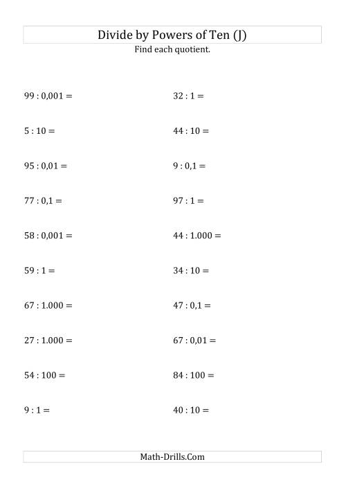 The Dividing Whole Numbers by All Powers of Ten (Standard Form) (J) Math Worksheet