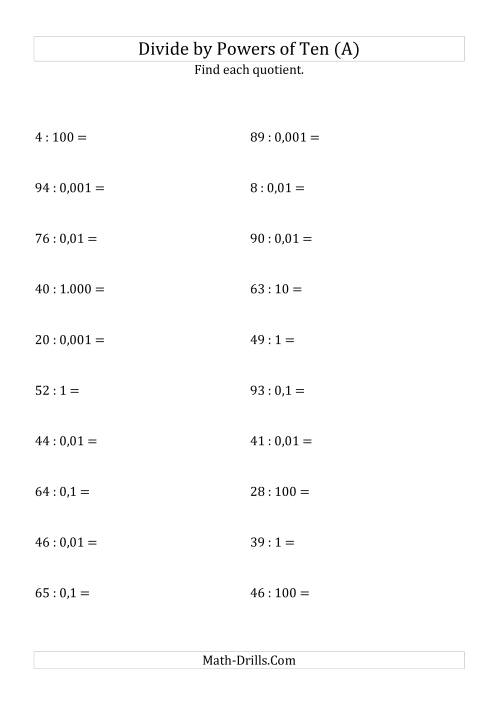 The Dividing Whole Numbers by All Powers of Ten (Standard Form) (All) Math Worksheet