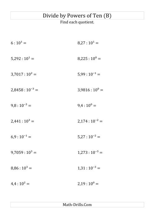 The Dividing Decimals by All Powers of Ten (Exponent Form) (B) Math Worksheet