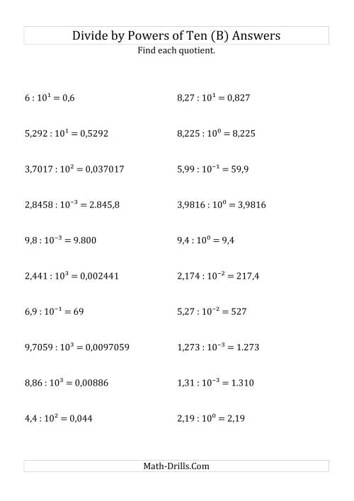 The Dividing Decimals by All Powers of Ten (Exponent Form) (B) Math Worksheet Page 2