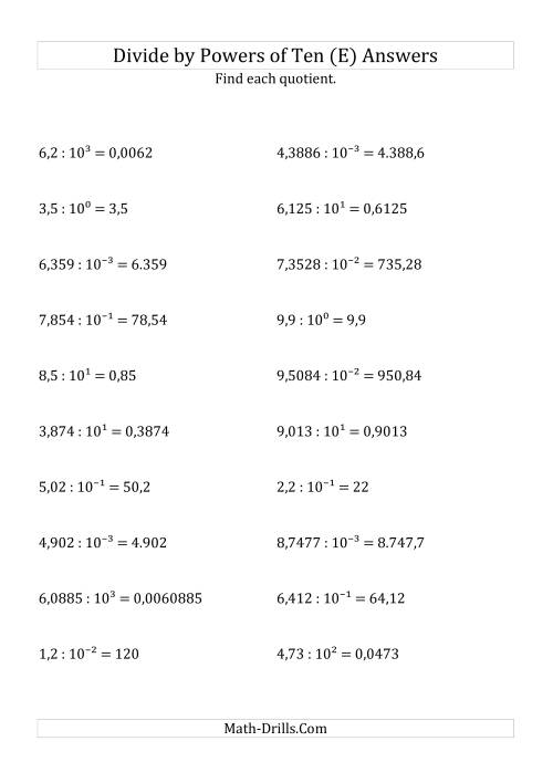 The Dividing Decimals by All Powers of Ten (Exponent Form) (E) Math Worksheet Page 2
