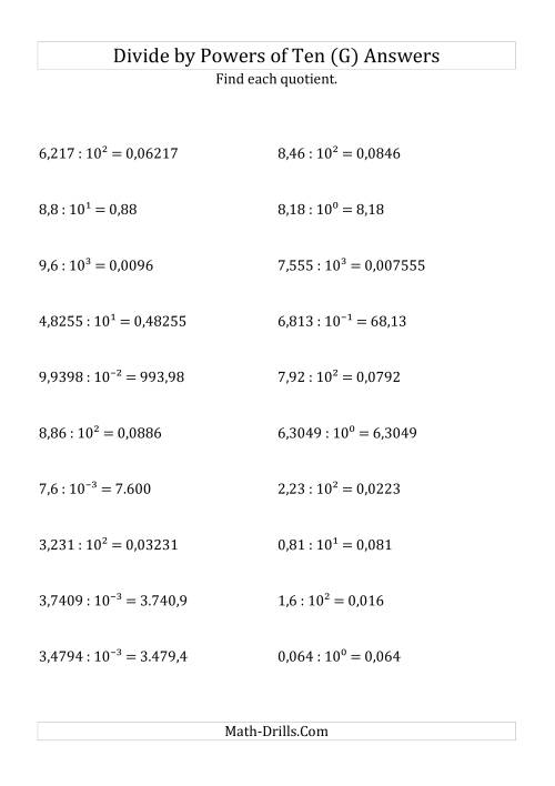 The Dividing Decimals by All Powers of Ten (Exponent Form) (G) Math Worksheet Page 2