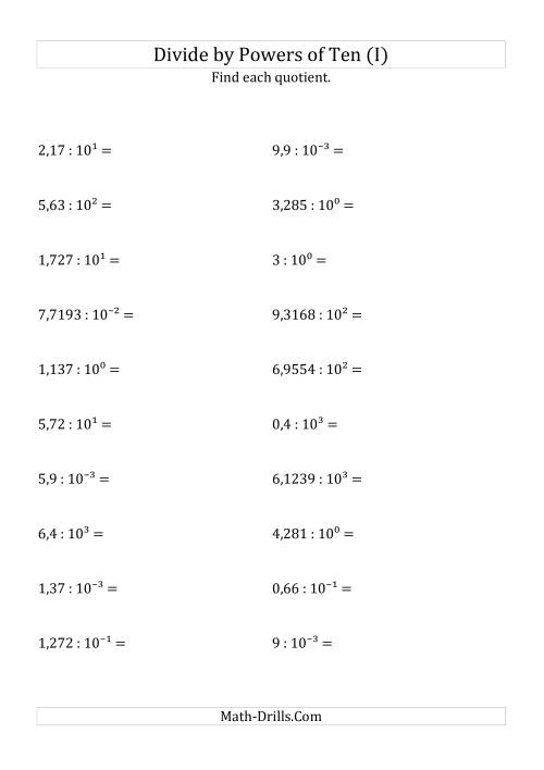 The Dividing Decimals by All Powers of Ten (Exponent Form) (I) Math Worksheet