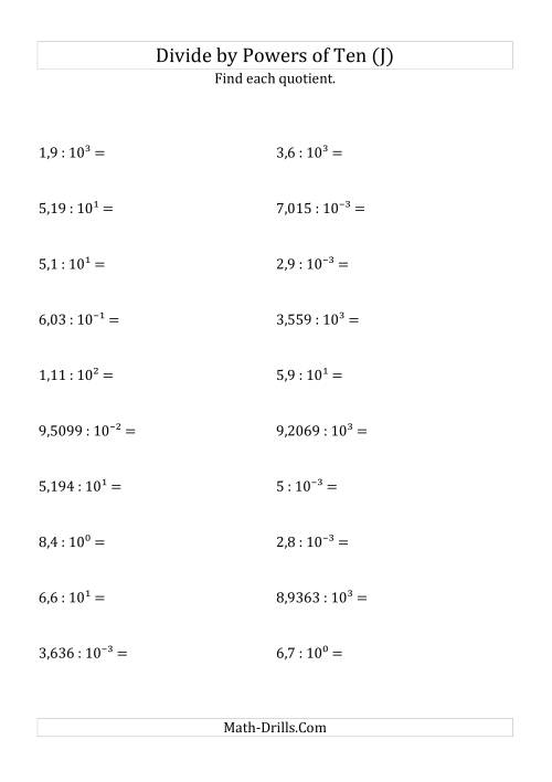 The Dividing Decimals by All Powers of Ten (Exponent Form) (J) Math Worksheet