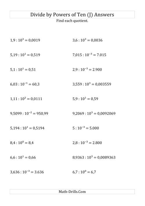 The Dividing Decimals by All Powers of Ten (Exponent Form) (J) Math Worksheet Page 2