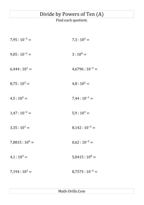 The Dividing Decimals by All Powers of Ten (Exponent Form) (All) Math Worksheet