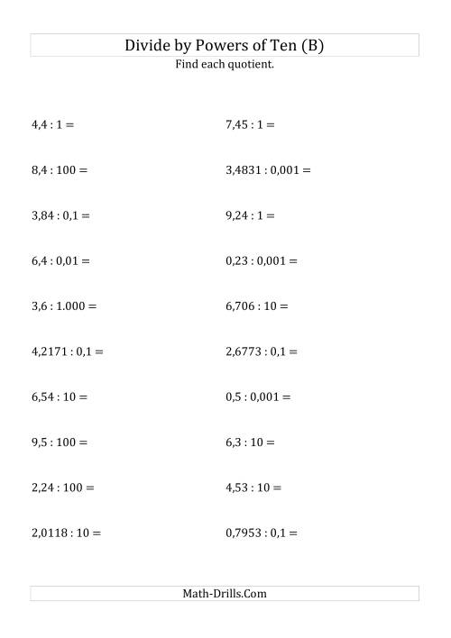 The Dividing Decimals by All Powers of Ten (Standard Form) (B) Math Worksheet