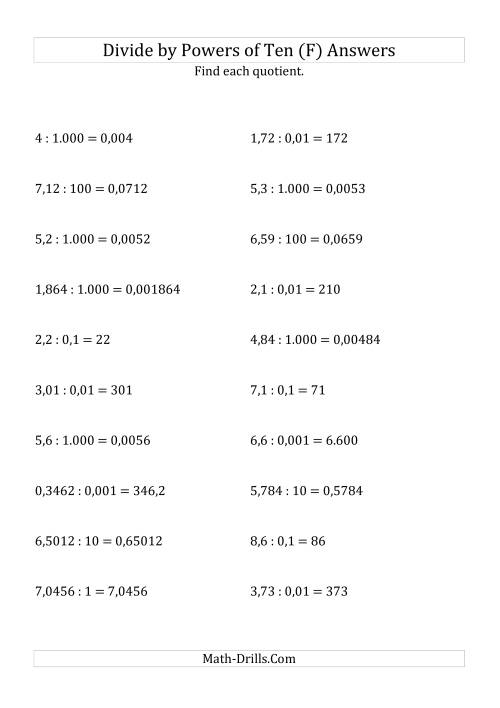 The Dividing Decimals by All Powers of Ten (Standard Form) (F) Math Worksheet Page 2