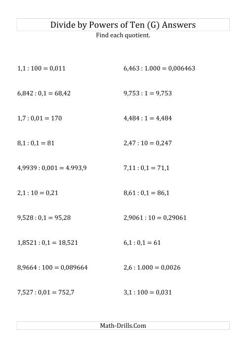The Dividing Decimals by All Powers of Ten (Standard Form) (G) Math Worksheet Page 2