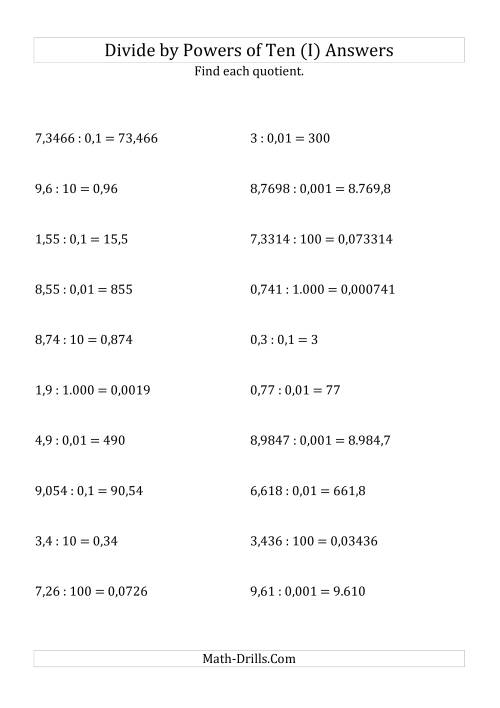 The Dividing Decimals by All Powers of Ten (Standard Form) (I) Math Worksheet Page 2