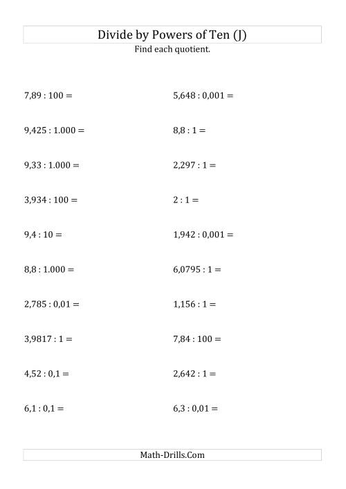 The Dividing Decimals by All Powers of Ten (Standard Form) (J) Math Worksheet