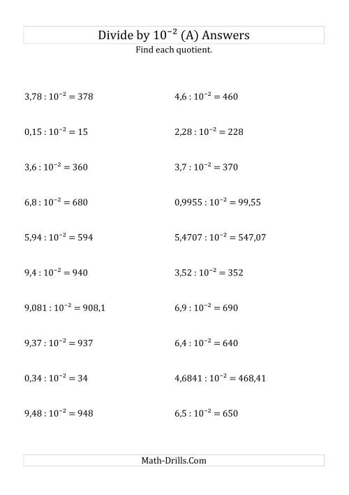 The Dividing Decimals by 10<sup>-2</sup> (A) Math Worksheet Page 2