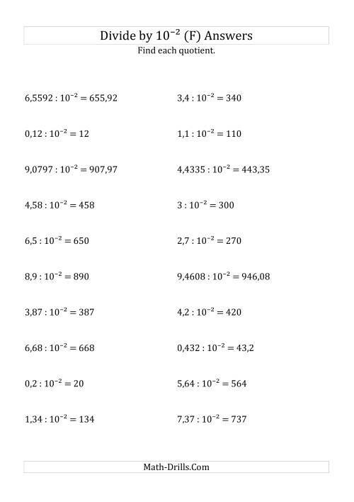 The Dividing Decimals by 10<sup>-2</sup> (F) Math Worksheet Page 2