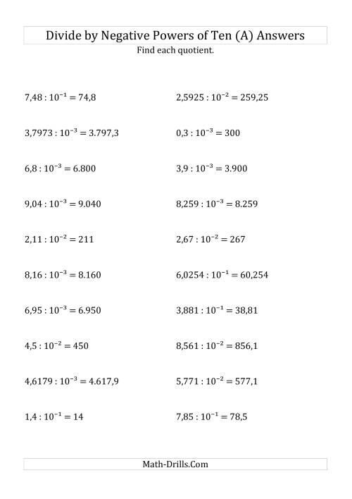The Dividing Decimals by Negative Powers of Ten (Exponent Form) (A) Math Worksheet Page 2