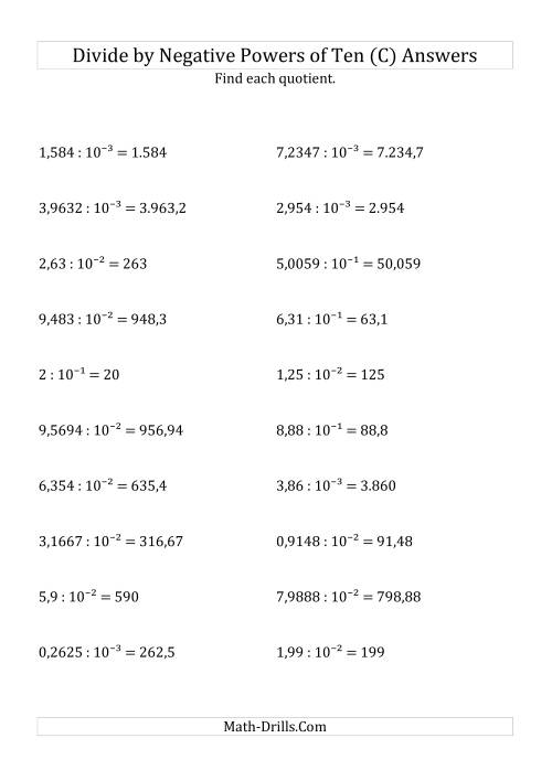 The Dividing Decimals by Negative Powers of Ten (Exponent Form) (C) Math Worksheet Page 2
