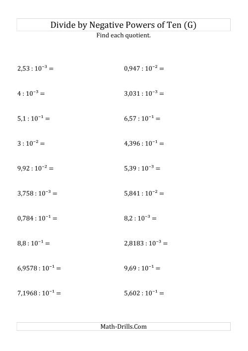 The Dividing Decimals by Negative Powers of Ten (Exponent Form) (G) Math Worksheet