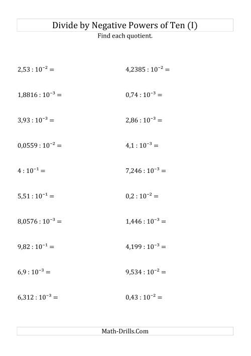 The Dividing Decimals by Negative Powers of Ten (Exponent Form) (I) Math Worksheet