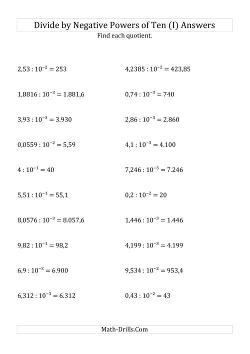 The Dividing Decimals by Negative Powers of Ten (Exponent Form) (I) Math Worksheet Page 2