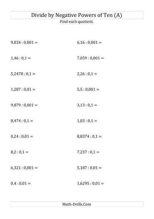 The Dividing Decimals by Negative Powers of Ten (Standard Form) (All) Math Worksheet