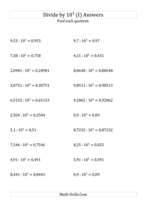 The Dividing Decimals by 10<sup>1</sup> (I) Math Worksheet Page 2