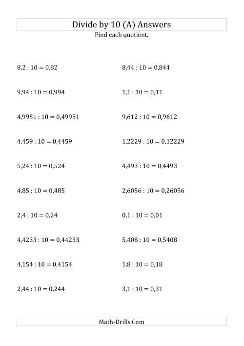 The Dividing Decimals by 10 (A) Math Worksheet Page 2