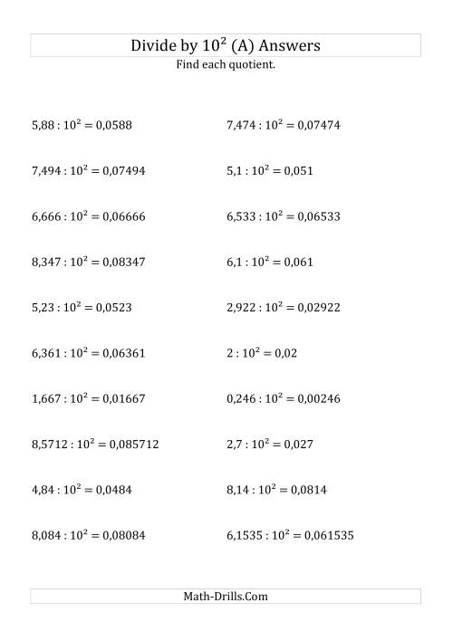 The Dividing Decimals by 10<sup>2</sup> (All) Math Worksheet Page 2