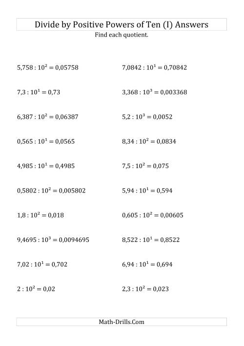 The Dividing Decimals by Positive Powers of Ten (Exponent Form) (I) Math Worksheet Page 2