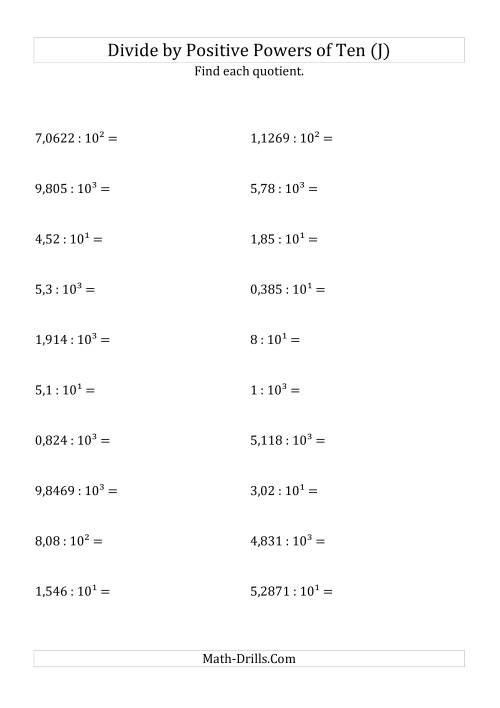 The Dividing Decimals by Positive Powers of Ten (Exponent Form) (J) Math Worksheet