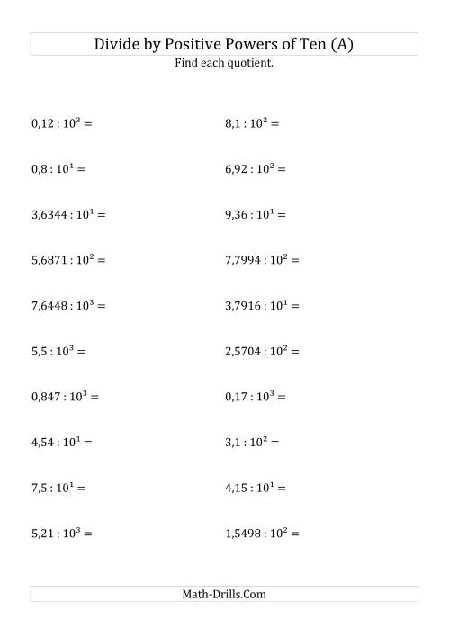 The Dividing Decimals by Positive Powers of Ten (Exponent Form) (All) Math Worksheet