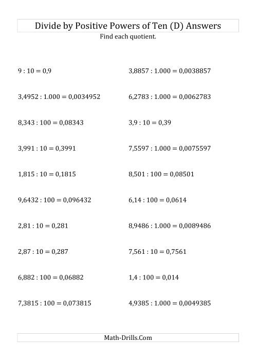 The Dividing Decimals by Positive Powers of Ten (Standard Form) (D) Math Worksheet Page 2