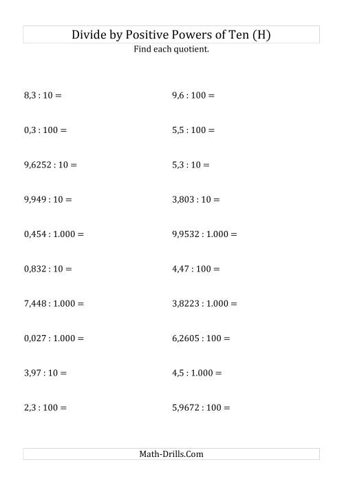 The Dividing Decimals by Positive Powers of Ten (Standard Form) (H) Math Worksheet