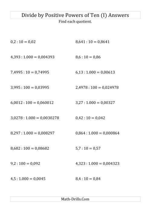 The Dividing Decimals by Positive Powers of Ten (Standard Form) (I) Math Worksheet Page 2