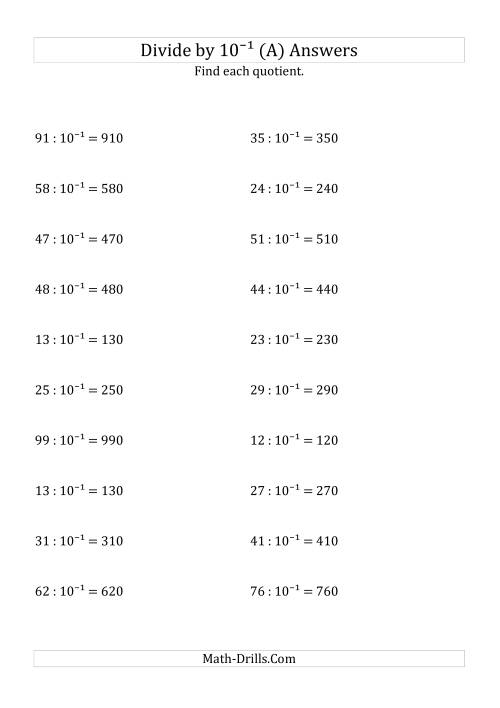 The Dividing Whole Numbers by 10<sup>-1</sup> (A) Math Worksheet Page 2