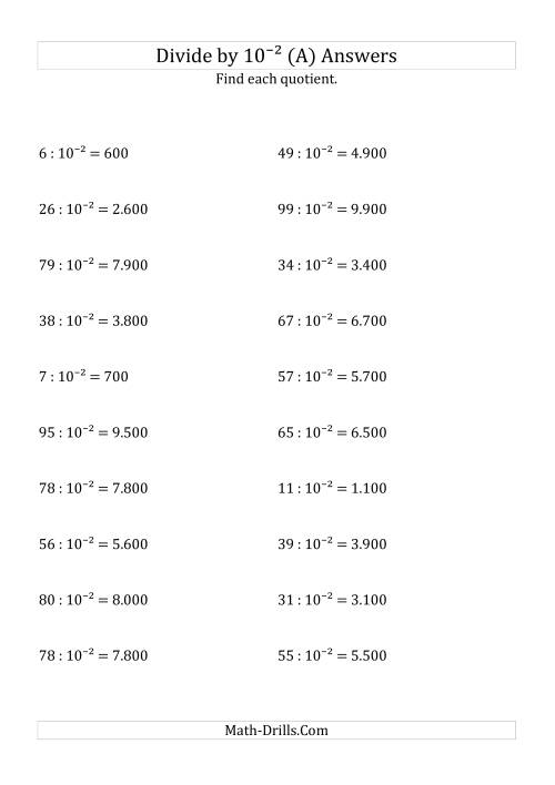 The Dividing Whole Numbers by 10<sup>-2</sup> (A) Math Worksheet Page 2