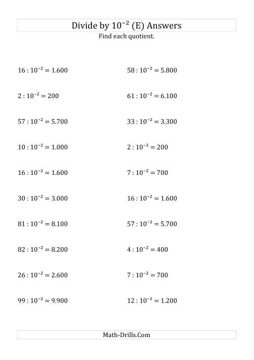 The Dividing Whole Numbers by 10<sup>-2</sup> (E) Math Worksheet Page 2