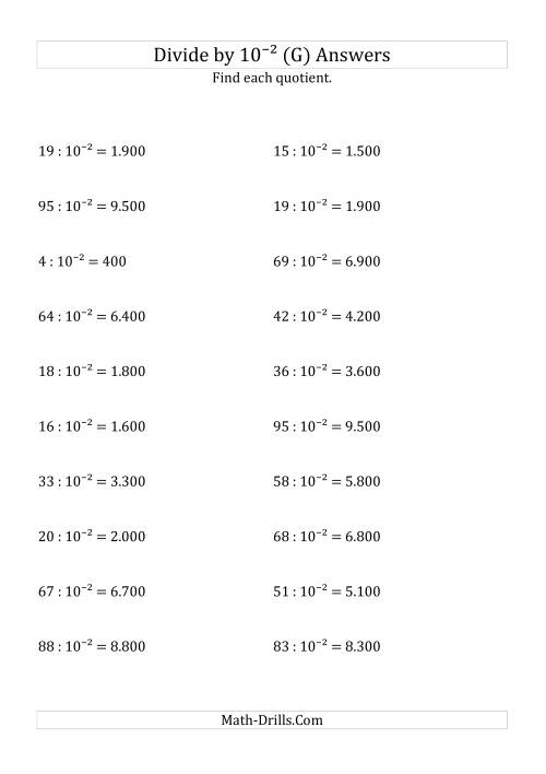 The Dividing Whole Numbers by 10<sup>-2</sup> (G) Math Worksheet Page 2