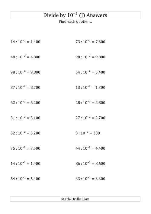 The Dividing Whole Numbers by 10<sup>-2</sup> (J) Math Worksheet Page 2