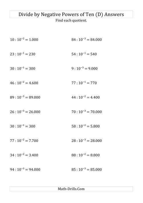 The Dividing Whole Numbers by Negative Powers of Ten (Exponent Form) (D) Math Worksheet Page 2