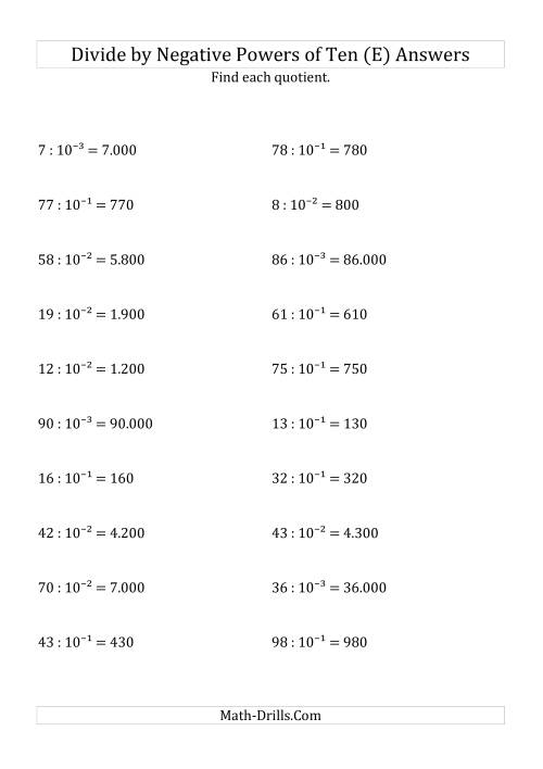 The Dividing Whole Numbers by Negative Powers of Ten (Exponent Form) (E) Math Worksheet Page 2