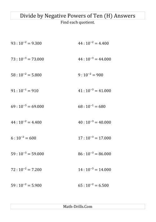 The Dividing Whole Numbers by Negative Powers of Ten (Exponent Form) (H) Math Worksheet Page 2