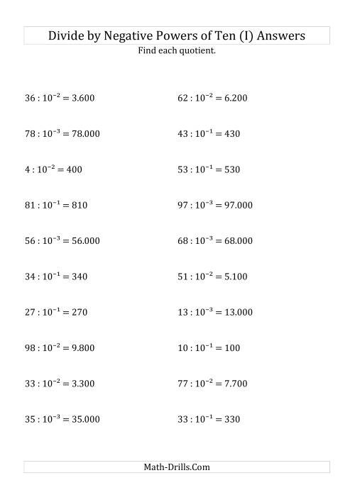 The Dividing Whole Numbers by Negative Powers of Ten (Exponent Form) (I) Math Worksheet Page 2