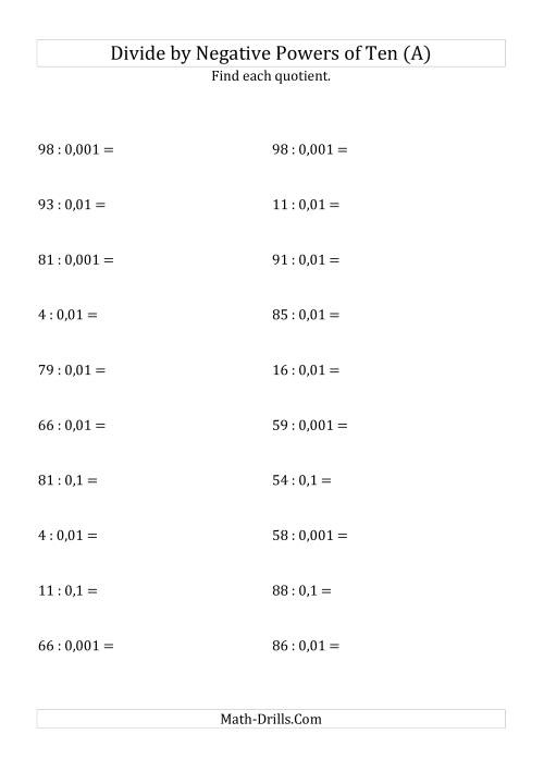 The Dividing Whole Numbers by Negative Powers of Ten (Standard Form) (A) Math Worksheet