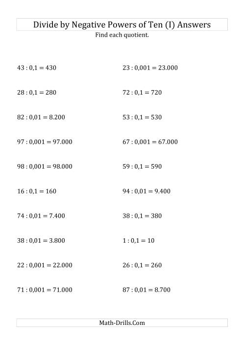 The Dividing Whole Numbers by Negative Powers of Ten (Standard Form) (I) Math Worksheet Page 2