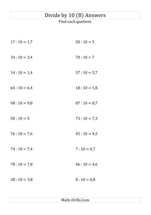 The Dividing Whole Numbers by 10 (B) Math Worksheet Page 2