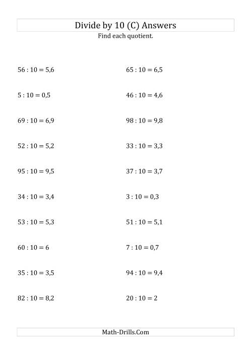 The Dividing Whole Numbers by 10 (C) Math Worksheet Page 2