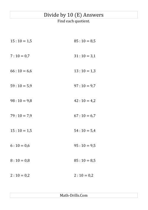 The Dividing Whole Numbers by 10 (E) Math Worksheet Page 2