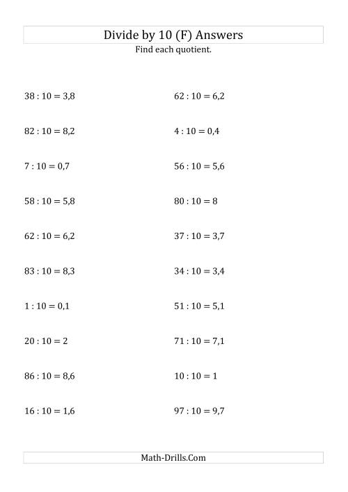 The Dividing Whole Numbers by 10 (F) Math Worksheet Page 2