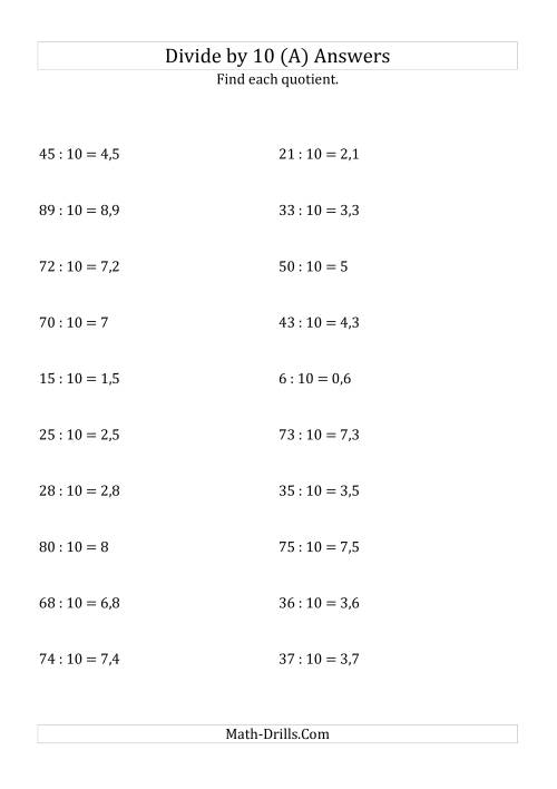 The Dividing Whole Numbers by 10 (All) Math Worksheet Page 2