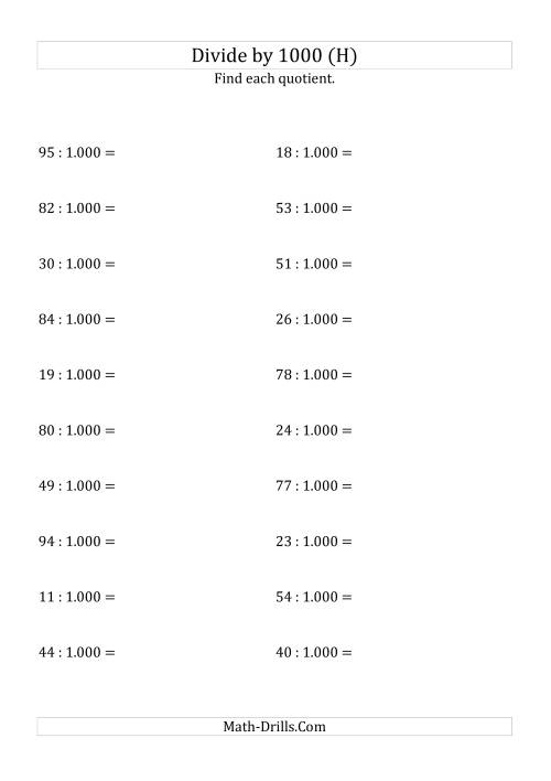The Dividing Whole Numbers by 1.000 (H) Math Worksheet